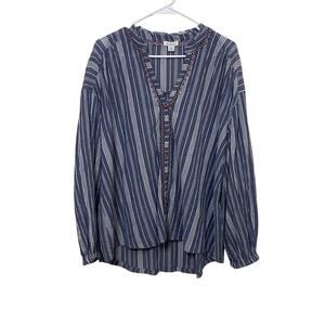 Sundance Solitude Striped Oversized Peasant Blouse Large Blue Embroidered Boho